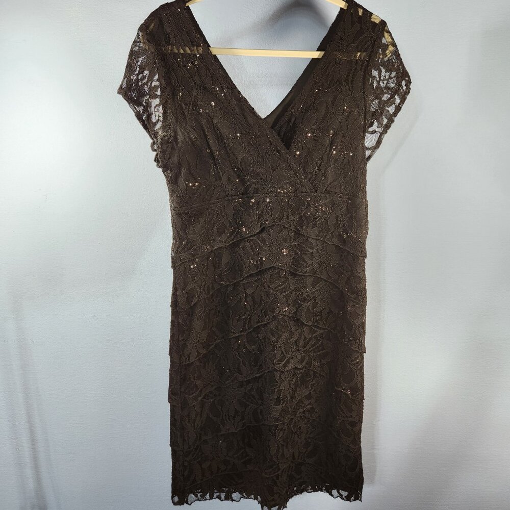 Scarlett Nite Black Tiered Lace Sequins Lined Dress Size 16 (OO-22)